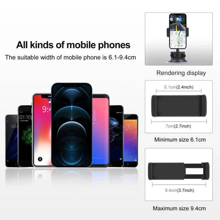 PULUZ Suction Cup Phone Mount for Car Windshields and Dashboards showing compatible phones and adjustable 6.1-9.4cm holder sizes