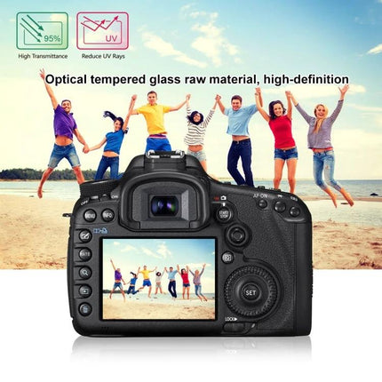 PULUZ Tempered Glass Screen Protector for Canon 5D Mark III on camera LCD showing beach group photo, high-transmittance scratch and UV protection