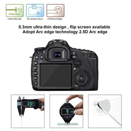 PULUZ Tempered Glass Screen Protector for Canon 5D Mark III shown on camera rear LCD with 0.3mm ultra-thin, 9H hardness and 2.5D rounded edge features