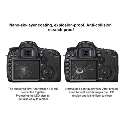 PULUZ Tempered Glass Screen Protector for Canon 5D Mark III showing nano-six-layer coating and shattered glass comparison protecting LCD
