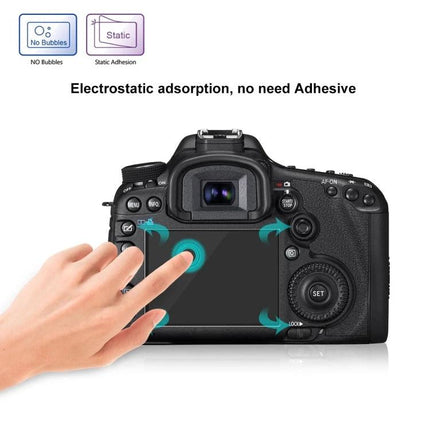 PULUZ Tempered Glass Screen Protector for Canon 5D Mark III showing hands applying protector to camera LCD to prevent scratches and bubbles