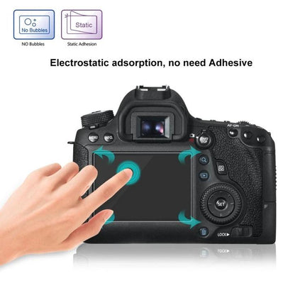 PULUZ Tempered Glass Screen Protector for Canon 6D Cameras shown installed on 6D LCD with finger touch demo and no-bubbles static adhesion