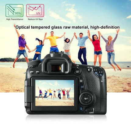 PULUZ Tempered Glass Screen Protector for Canon Cameras showing camera LCD with beach group photo and 9H tempered glass protection
