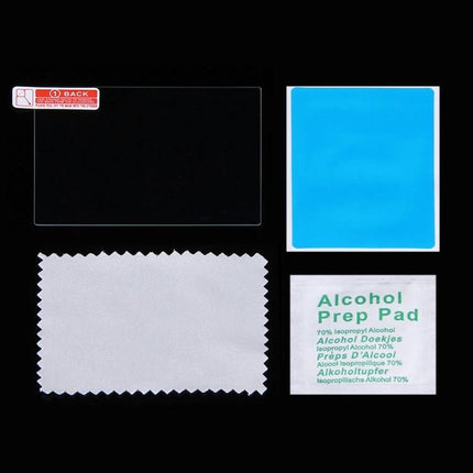 PULUZ Tempered Glass Screen Protector for Canon Cameras kit showing tempered glass, blue dust remover, cleaning cloth and alcohol prep pad