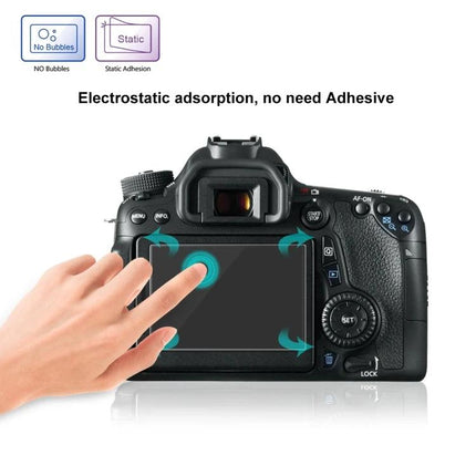 PULUZ Tempered Glass Screen Protector for Canon Cameras on DSLR LCD showing finger touch and no-bubble electrostatic adhesion