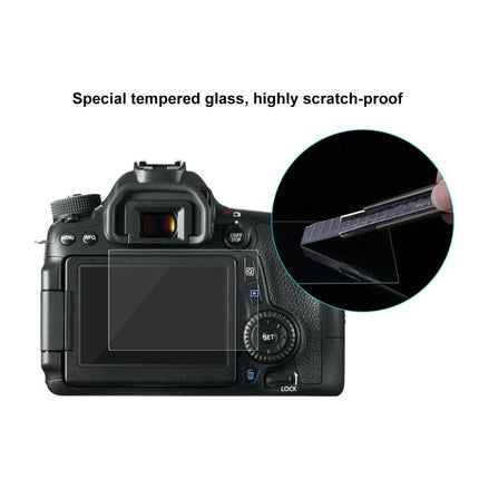 PULUZ Tempered Glass Screen Protector for Canon Cameras installed on a DSLR rear LCD showing scratch-proof protection