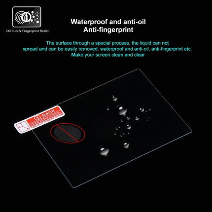 PULUZ Tempered Glass Screen Protector for Canon Cameras showing waterproof anti-fingerprint glass with water droplets and oleophobic coating