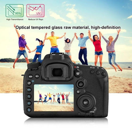 PULUZ Tempered Glass Protective Film for Digital Cameras on DSLR screen showing beach group photo, 9H scratch-resistant anti-fingerprint protector