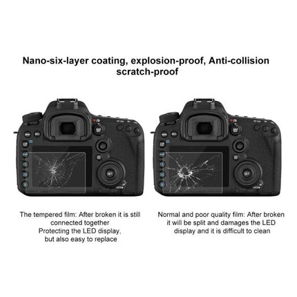 PULUZ Tempered Glass Protective Film for Digital Cameras on DSLR screen showing crack resistance and comparison to poor-quality film