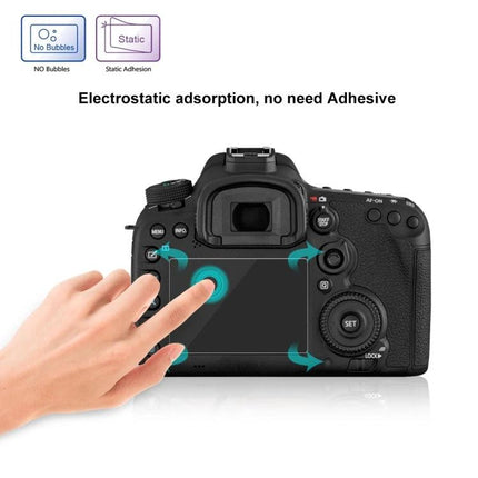PULUZ Tempered Glass Protective Film for Digital Cameras applied on DSLR rear screen showing touch protection and static adsorption