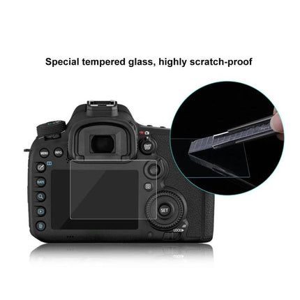 PULUZ Tempered Glass Protective Film for Digital Cameras showing tempered film applied to DSLR rear screen, scratch-proof 9H protection