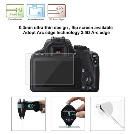 PULUZ Tempered Glass Screen Protector for Canon Cameras showing 0.3mm ultra-thin protector on DSLR screen with 9H hardness and 2.5D rounded edges