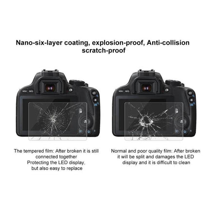 PULUZ Tempered Glass Screen Protector for Canon Cameras showing split-screen comparison of cracked tempered film vs poor-quality film protecting camera LCD