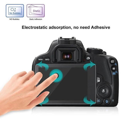 PULUZ Tempered Glass Screen Protector for Canon Cameras applied to DSLR rear screen showing touch clarity and no-bubble electrostatic adhesion
