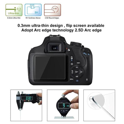 Tempered Glass Screen Protector for Canon DSLR Cameras showing ultra-thin 0.3mm protector on camera LCD, 9H hardness and 2.5D rounded edges