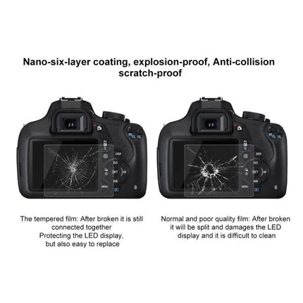 Tempered Glass Screen Protector for Canon DSLR Cameras showing tempered film vs poor film protecting LCD from cracks and scratches