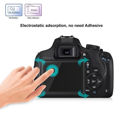 Tempered Glass Screen Protector for Canon DSLR Cameras applied on camera LCD showing finger touch, no bubbles, static adhesion, scratch and fingerprint protection