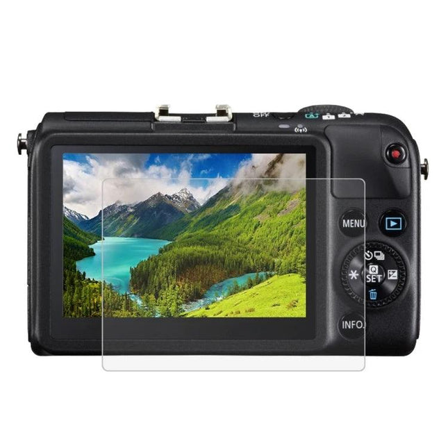 Tempered Glass Screen Protector for Canon and Sony Cameras shown on camera LCD protecting screen from scratches and smudges