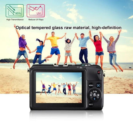 Tempered Glass Screen Protector for Canon and Sony Cameras shown on a camera LCD protecting beach group photo, high-definition tempered glass