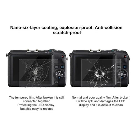 Tempered Glass Screen Protector for Canon and Sony Cameras showing cracked vs intact tempered film protecting camera LCD screens