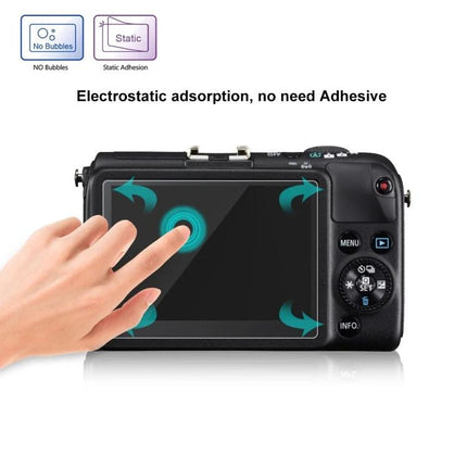 Tempered Glass Screen Protector for Canon and Sony Cameras applied on a camera LCD showing touch-friendly, no-bubble electrostatic adhesion