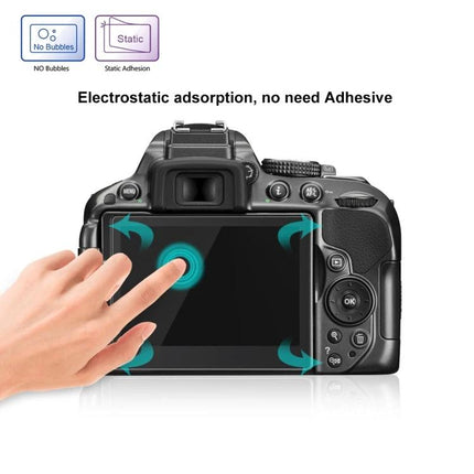 PULUZ Screen Protector for Nikon D5300 and Similar Camera Models showing tempered glass installation and touch clarity on camera LCD