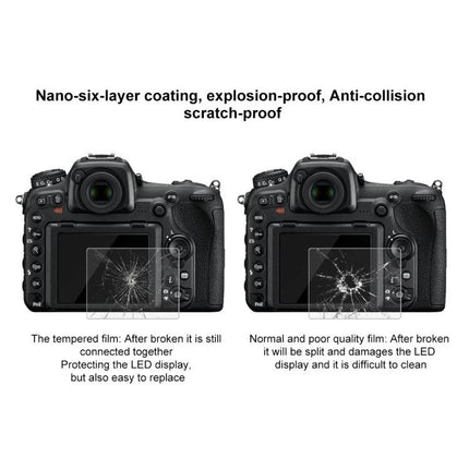 Premium Tempered Glass Screen Protector for Camera Displays shown protecting DSLR LCD with nano-six-layer coating and shatter comparison