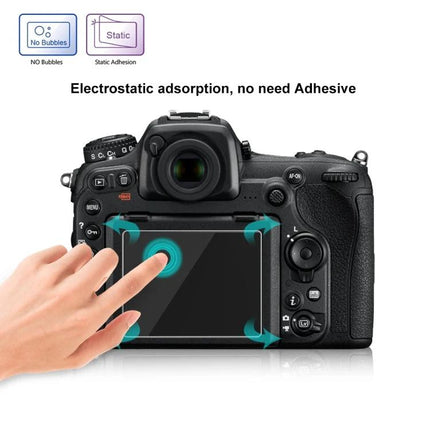 Premium Tempered Glass Screen Protector for Camera Displays on DSLR back touchscreen showing finger touch and electrostatic no-adhesive installation