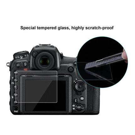 Premium Tempered Glass Screen Protector for Camera Displays installed on a DSLR rear LCD showing scratch-proof clarity