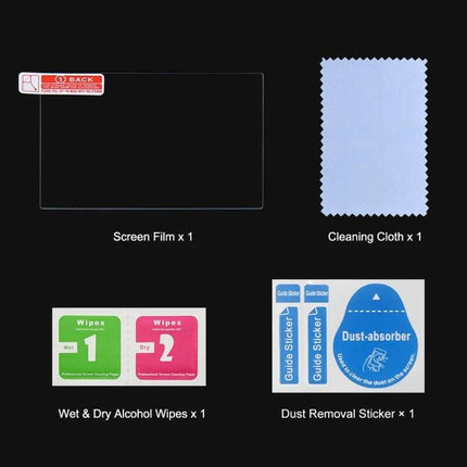 Clear Tempered Glass Screen Protector for Sony Digital Cameras shown with cleaning cloth, wet & dry wipes, dust removal sticker and guide stickers