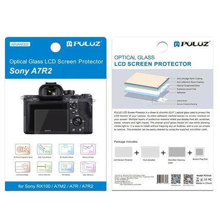 Clear Tempered Glass Screen Protector for Sony Digital Cameras - clear tempered glass LCD protector packaging showing Sony camera model and product features
