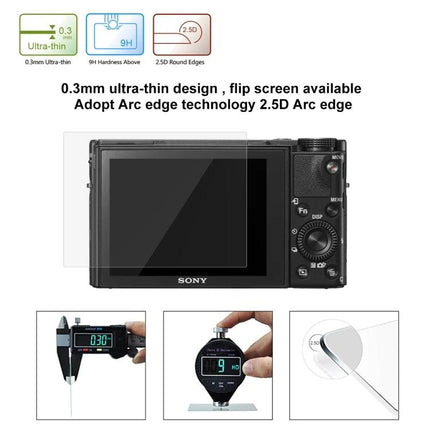 Clear Tempered Glass Screen Protector for Sony Digital Cameras on a compact Sony camera showing 0.3mm ultra-thin 2.5D arc edge and 9H hardness