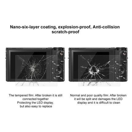 Clear Tempered Glass Screen Protector for Sony Digital Cameras showing tempered film protecting cracked LCD vs poor film damage