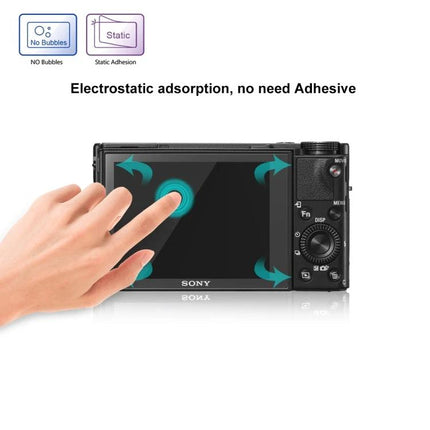 Clear Tempered Glass Screen Protector for Sony Digital Cameras on a Sony camera LCD showing finger touch and electrostatic adsorption