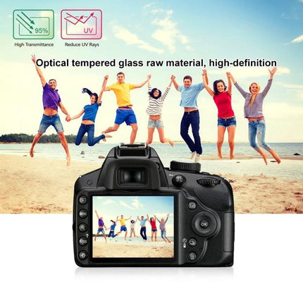 Tempered Glass Screen Protector for Nikon and Canon Cameras showing camera LCD displaying group jumping on beach, high-transmittance tempered glass
