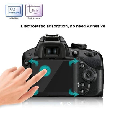 Tempered Glass Screen Protector for Nikon and Canon Cameras showing installation on DSLR LCD with touch interaction, no-adhesive electrostatic fit (no bubbles)