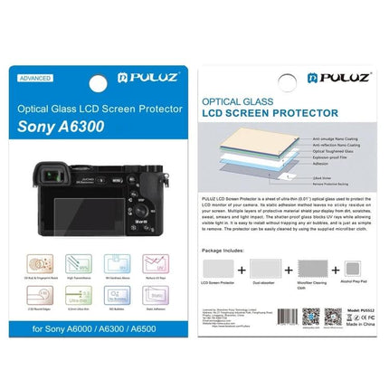 PULUZ Tempered Glass Screen Protector for Sony A6000 Camera packaging front and back showing protector and installation diagram