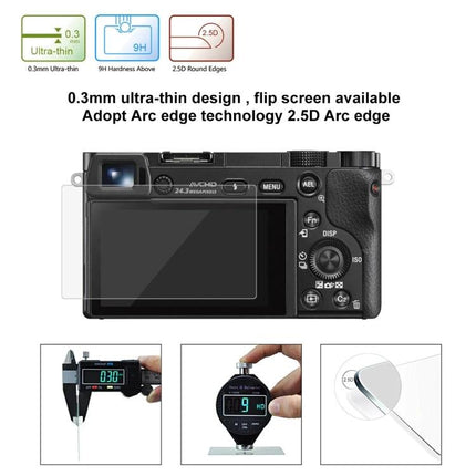 PULUZ Tempered Glass Screen Protector for Sony A6000 Camera showing 0.3mm ultra-thin 9H hardness and 2.5D arc edges protecting LCD screen