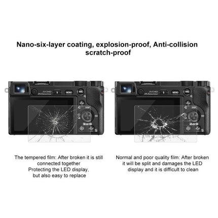 PULUZ Tempered Glass Screen Protector for Sony A6000 Camera showing shattered tempered film protecting LCD vs poor film