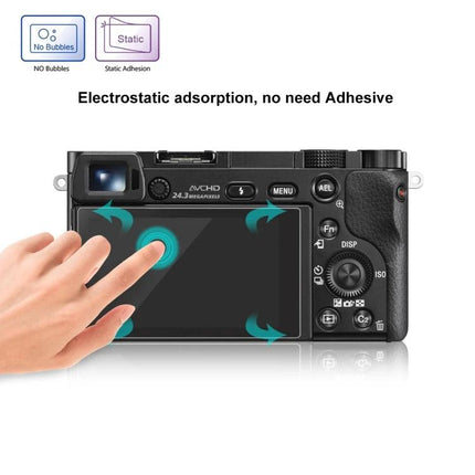 PULUZ Tempered Glass Screen Protector for Sony A6000 Camera showing touch-screen clarity and electrostatic no-adhesive installation