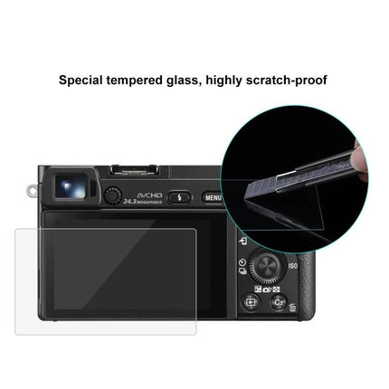 PULUZ Tempered Glass Screen Protector for Sony A6000 Camera installed on camera back showing scratch-proof 9H tempered glass protecting LCD screen