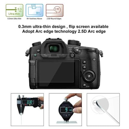 PULUZ Tempered Glass Screen Protector for Panasonic GH5 Cameras showing 0.3mm ultra-thin 9H hardness and 2.5D arc edge on GH5 rear LCD