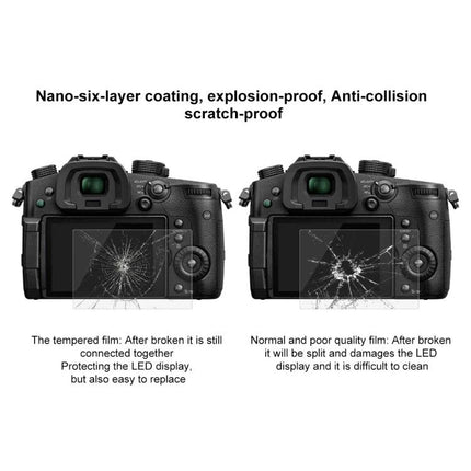 PULUZ Tempered Glass Screen Protector for Panasonic GH5 Cameras showing tempered film vs poor film impact resistance on camera LCD