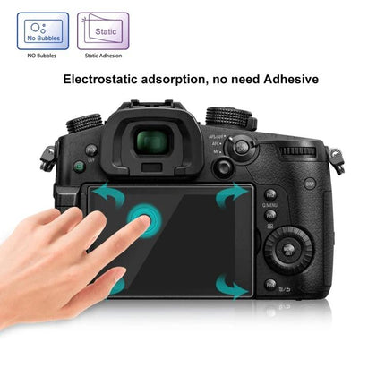 PULUZ Tempered Glass Screen Protector for Panasonic GH5 Cameras applied to GH5 LCD showing finger touch and no-bubble electrostatic adhesion