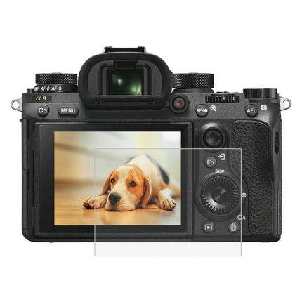 Puluz Tempered Glass Screen Protector for Sony Cameras on camera LCD showing dog image, 9H scratch-resistant shield