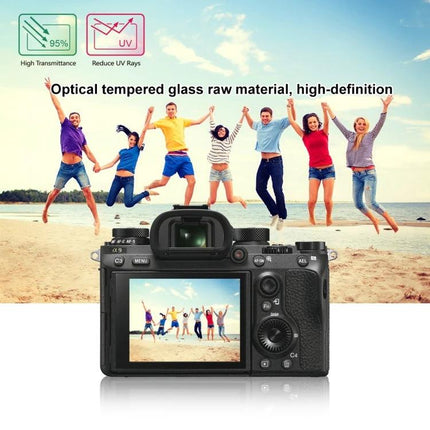Puluz Tempered Glass Screen Protector for Sony Cameras on camera showing beach group photo, 9H scratch-resistant tempered glass