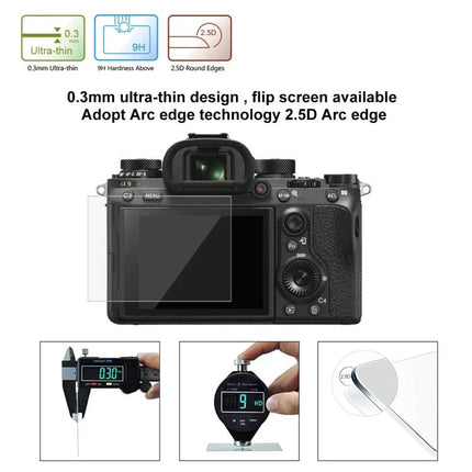 Puluz Tempered Glass Screen Protector for Sony Cameras showing 0.3mm ultra-thin protector on camera LCD with 9H hardness and 2.5D arc edges