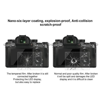 Puluz Tempered Glass Screen Protector for Sony Cameras showing tempered vs poor film protecting LCD from scratches and impacts