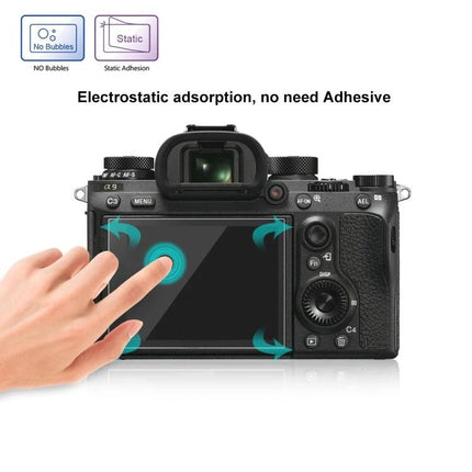 Puluz Tempered Glass Screen Protector for Sony Cameras showing touchscreen protection, 9H hardness, no-bubble static adhesion on camera LCD