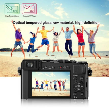 PULUZ Tempered Glass Screen Protector for Panasonic Cameras on camera LCD showing beach group photo, anti-scratch dust fingerprint protection